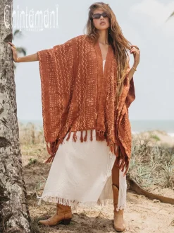 Chintamani Alchemistry Block Print Poncho t / Rust^ Kimono & Cover Up