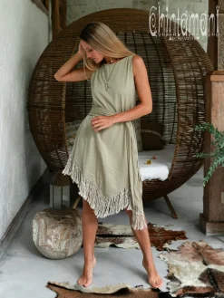 Chintamani Alchemistry Corner Fringed Dress / Sage Green^ Mini & Midi Dress