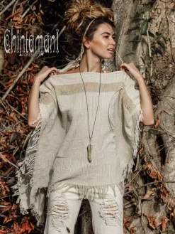 Chintamani Alchemistry Cotton Poncho Top / Beige & White^ T-shirt & Tunic