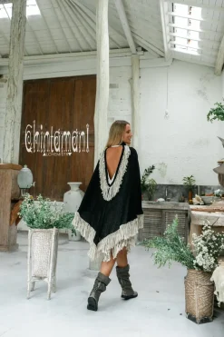 Chintamani Alchemistry Fringed Cotton Poncho / Black^ Kimono & Cover Up