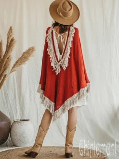 Chintamani Alchemistry Fringed Cotton Poncho / Red Ochre^ Kimono & Cover Up