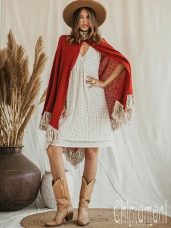 Chintamani Alchemistry Fringed Cotton Poncho / Red Ochre^ Kimono & Cover Up