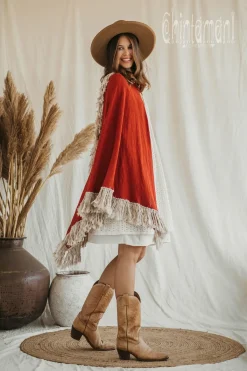 Chintamani Alchemistry Fringed Cotton Poncho / Red Ochre^ Kimono & Cover Up