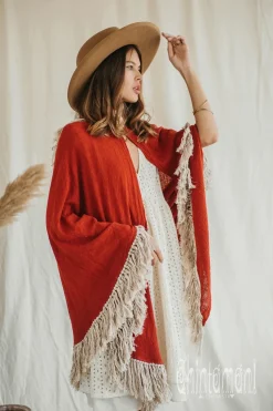 Chintamani Alchemistry Fringed Cotton Poncho / Red Ochre^ Kimono & Cover Up