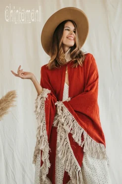 Chintamani Alchemistry Fringed Cotton Poncho / Red Ochre^ Kimono & Cover Up