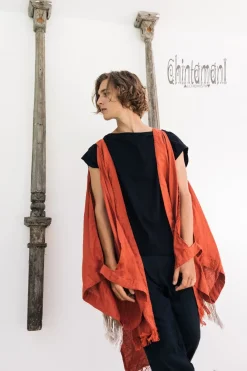 Chintamani Alchemistry Fringe Linen Kimono / Red Ochre^ Kimono & Coat