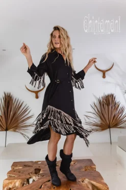 Chintamani Alchemistry Fringe Linen Mini Dress / Black^ Shirt Dress|Mini & Midi Dress