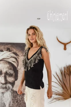 Chintamani Alchemistry Fringy Linen Top / Black^ Tank Top