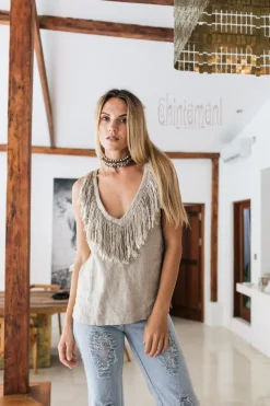 Chintamani Alchemistry Fringy Linen Top / Gray^ Tank Top