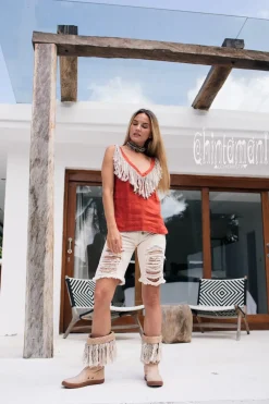 Chintamani Alchemistry Fringy Linen Top / Red Ochre^ Tank Top