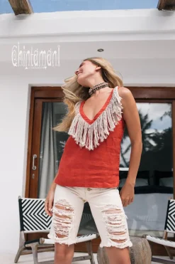 Chintamani Alchemistry Fringy Linen Top / Red Ochre^ Tank Top