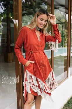 Chintamani Alchemistry Linen Fringe Shirt Dress / Red Ochre^ Shirt Dress|Mini & Midi Dress