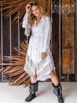 Chintamani Alchemistry Linen Fringe Shirt Dress / White^ Shirt Dress|Mini & Midi Dress