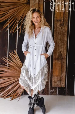 Chintamani Alchemistry Linen Fringe Shirt Dress / White^ Shirt Dress|Mini & Midi Dress