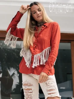 Chintamani Alchemistry Linen Fringe Shirt / Red Ochre^ Button Shirt