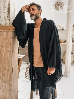 Chintamani Alchemistry Men's Linen Kimono / Black^ Kimono & Coat